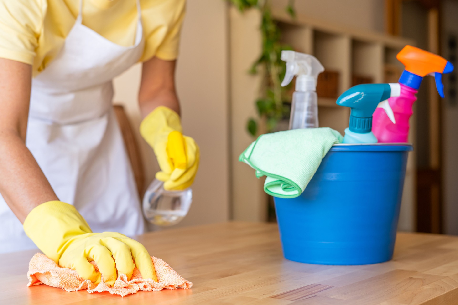 Woman Wearing Gloves And Cleaning Table With Spray Bottle And Bucket Of Supplies In Background For A Professional Home Service.Home Cleaning Concept